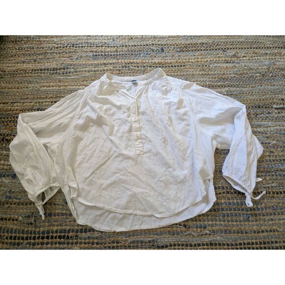 White Swiss Dot Henley 100% Cotton Long Puff Sleeve S Crop Curved Hem Cottagecor - Picture 3 of 9
